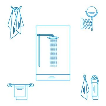 Set of variety bathroom elements: shower, towels hanging on different holders イラスト素材