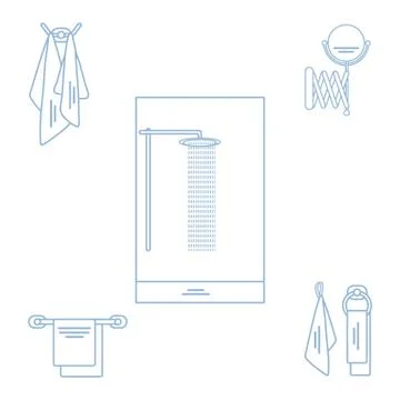 Set of variety bathroom elements: shower, towels hanging on different holders Illustrazione stock