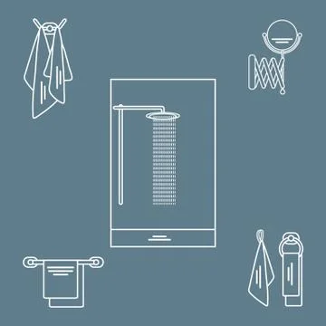 Set of variety bathroom elements: shower, towels hanging on different holders 스톡 일러스트