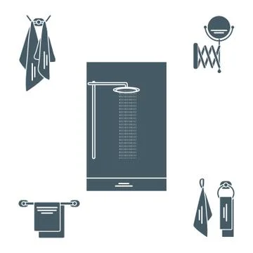 Set of variety bathroom elements: shower, towels hanging on different holders Illustrazione stock
