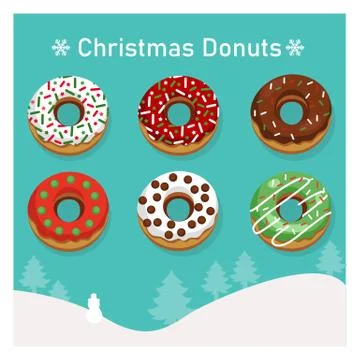 Set of variety colorful donuts in Christmas theme. Stock Illustration