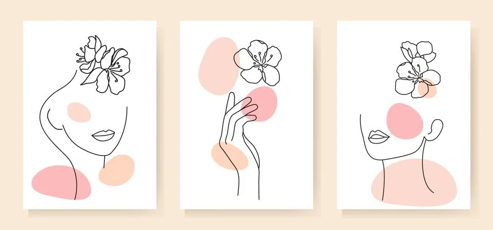 A set of various abstract faces with flowers. Stock Illustration