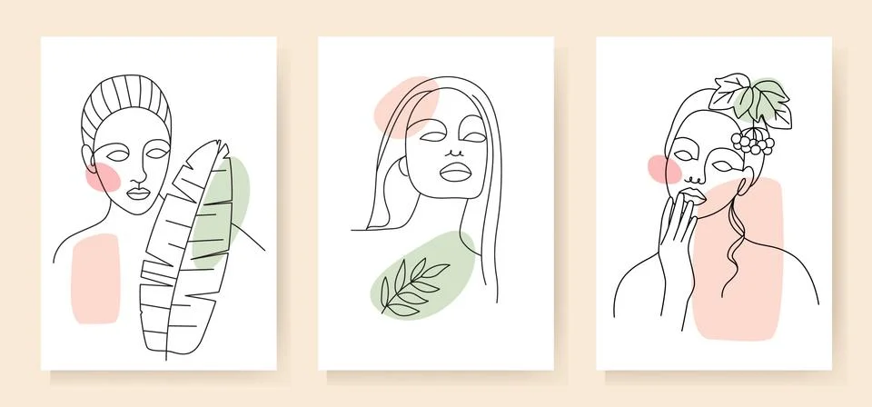 A set of various abstract faces with leaves Stock Illustration