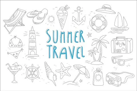 Set with various accessories for beach vacation and sea elements. Summer travel Stock Illustration