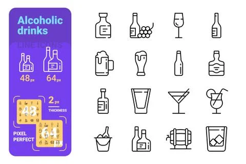 Set of various alcoholic drinks in glasses Stock Illustration