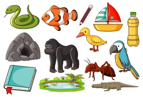 Set of various animals and objects Stock Illustration