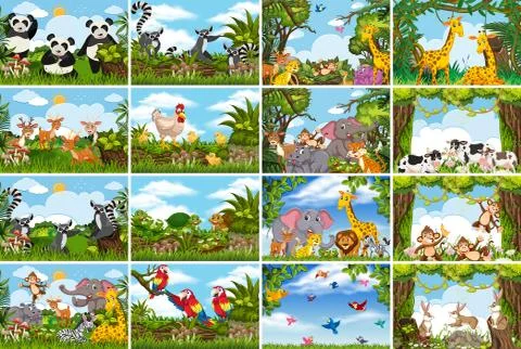 Set of various animals in nature scenes Stock Illustration