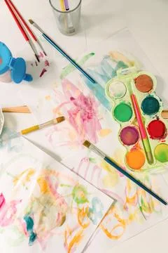 Set of various art supplies on table Stock Photos