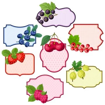 Set of various badges, labels with berries. Illustrazione stock