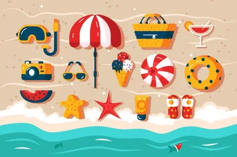 Set of various beach accessories Illustrazione stock