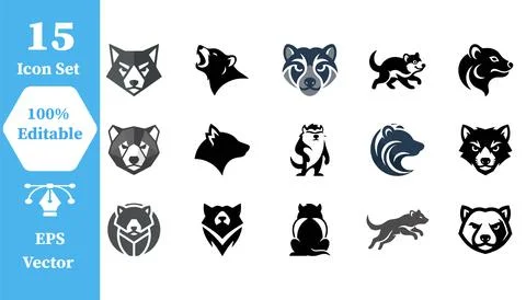 Set of various bear head icons and silhouettes with wildlife, silhouette Stock Illustration