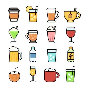 Set of Various Beverage Icons Including Coffee, Tea, Beer, Cocktails, and Soda Stock Illustration