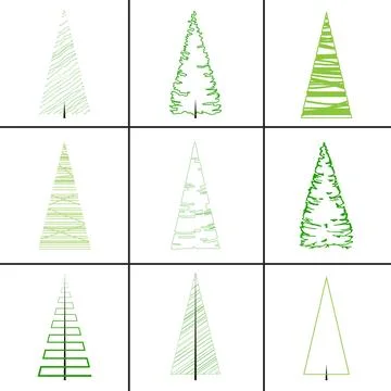 Set of various bizarre evergreen coniferous trees Stock Illustration