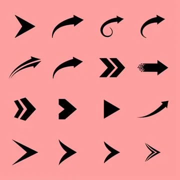 Set of various black arrow icons on a pink background 库存插图