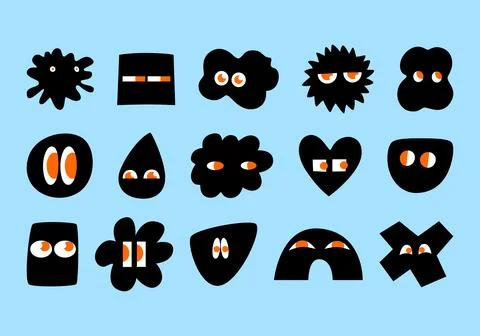 Set of various black doodle shapes with face emotions in retro cartoon style. Stock Illustration