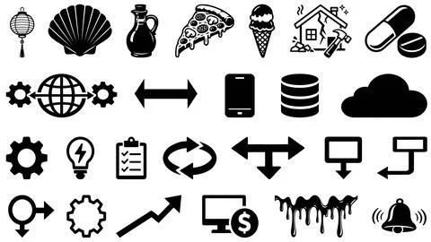 A set of various black icons representing food items Stock Illustration