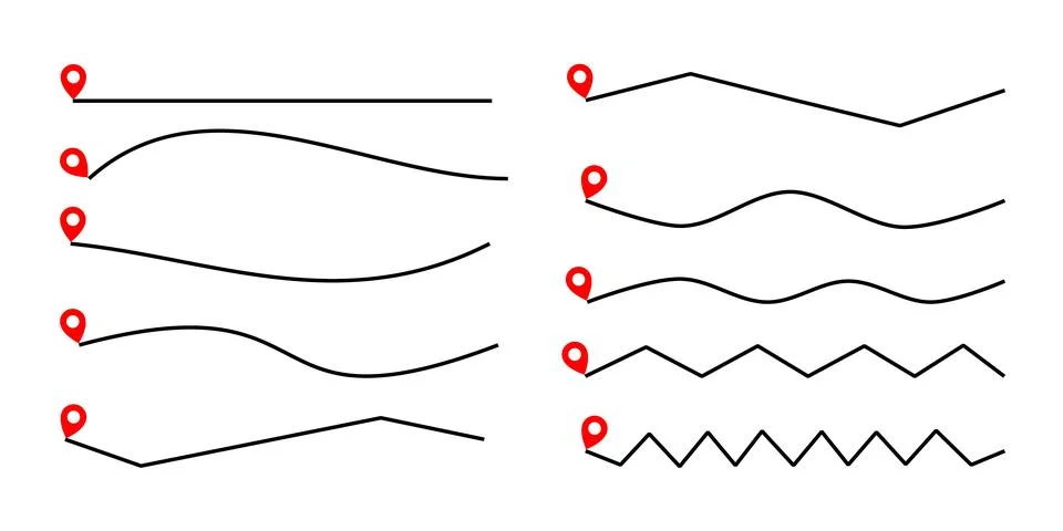 Set of various black navigation route lines with red location pin markers Stock Illustration