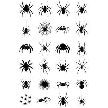 Set of Various Black Spider Silhouettes and Web Designs for Halloween Graphic Stock Illustration
