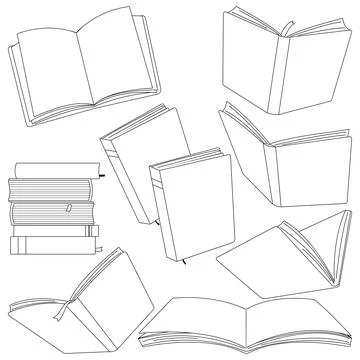 Set of various books. Vector black and white coloring page. Stock Illustration