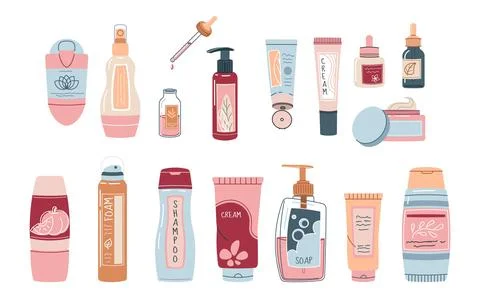 Set of various bottles on an isolated background. Cream, lotion, oil, shamp.. Stock Illustration