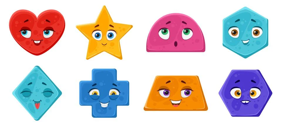 Set of various bright basic geometric shapes with face emotions. Various forms Stock Illustration