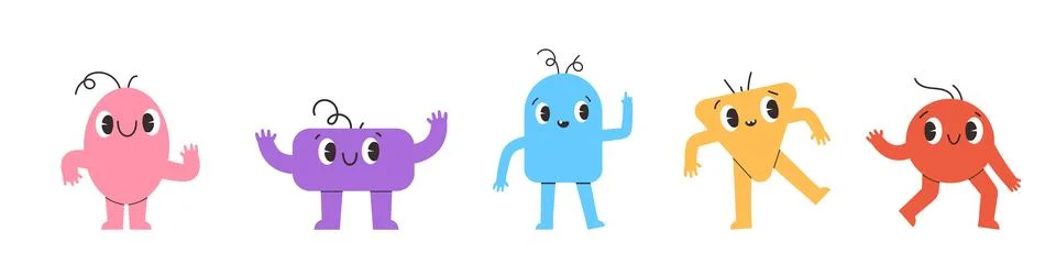 Set of Various bright basic Geometric Figures with face emotions, hands and.. Stock Illustration