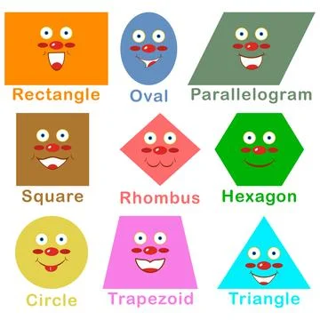 Set of various bright cartoon basic geometric figures with face emotions. Stock Illustration