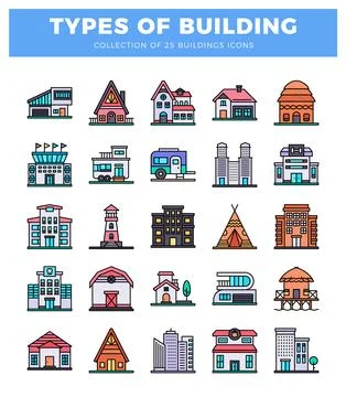 Set of various building icons on white background. Modern and traditional s.. Ilustração Stock