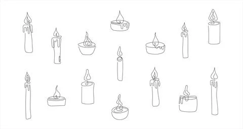 Set of various candles with flames in line art style. Burning decorative candles Stock Illustration
