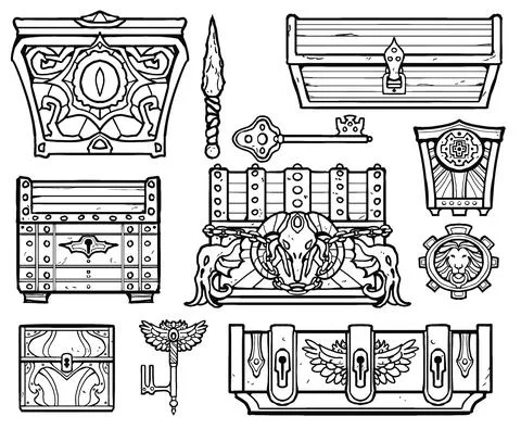 A set of various chests, simple wooden, strong iron, rare gold with patterns, Illustrazione stock