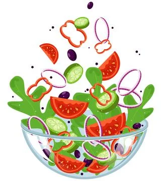 Set Of Various Chopped Fresh Vegetables Fall Into A Transparent Glass Bowl Stock Illustration