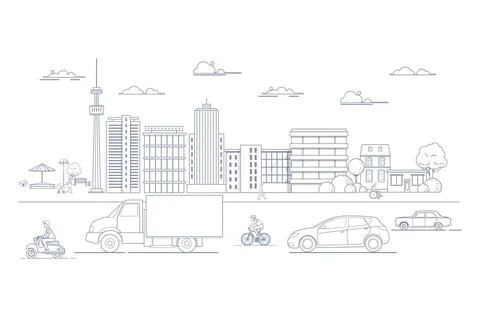 Set of various city design elements building, office, vehicle, park skyline Stock Illustration