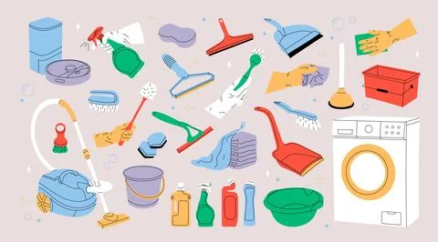 Set of Various Cleaning items. Household equipment Illustrazione stock
