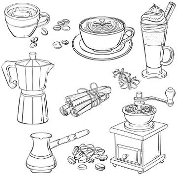 Set with various coffee drinks and coffee makers Stock Illustration