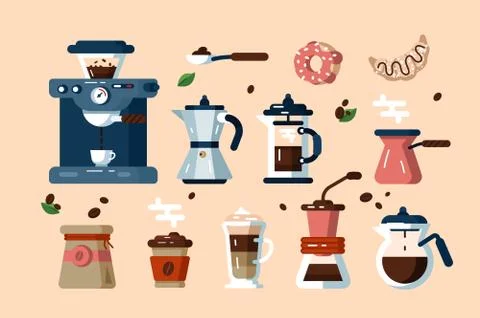 Set of various coffee machines and tools Stock Illustration