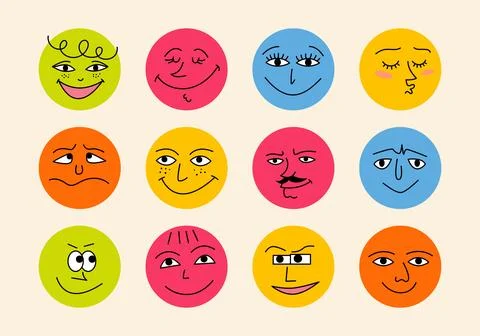 Set of various colorful doodle round shapes with face emotions. Stock Illustration