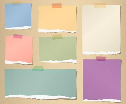 Set of various colorful torn note papers with adhesive tape on brown background Stock Illustration