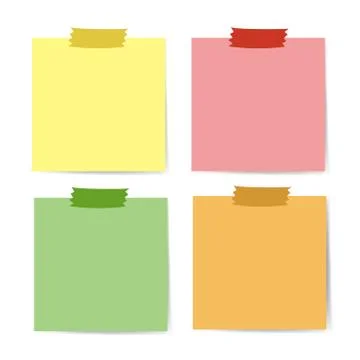 Set of various colors note papers with adhesive. Tape on white background. Stock Illustration
