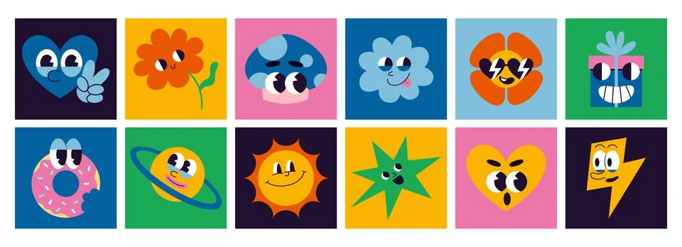 Set of various comic groovy characters, cartoon style. Square colorful icon.. Stock Illustration