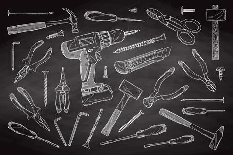 Set of various construction tools in sketch style. Vector illustration Stock Illustration
