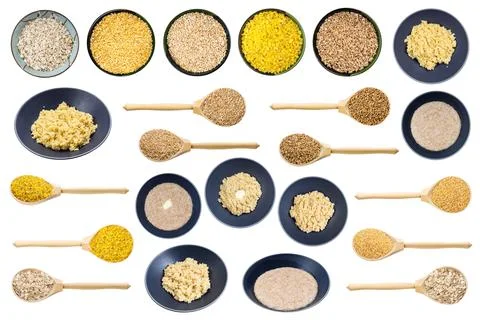 Set of various cooked and raw crushed wheat groats Stock Photos