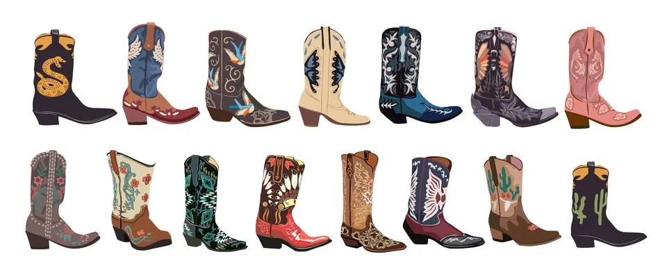 Set of various cowboy boots vector isolated. Illustrazione stock