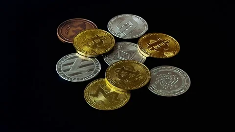 Set of various cryptocurrencies like bitcoin, ethereum, dash, litecoin, dash, Stock Footage 209897328