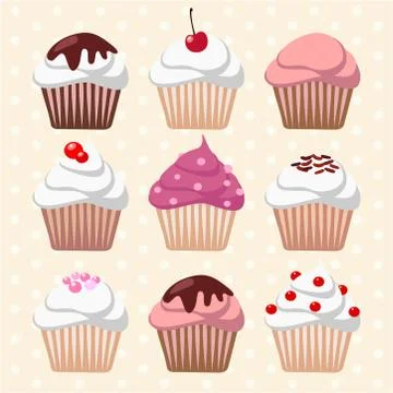 Set of various cupcakes, muffins, vector illustration background Illustrazione stock