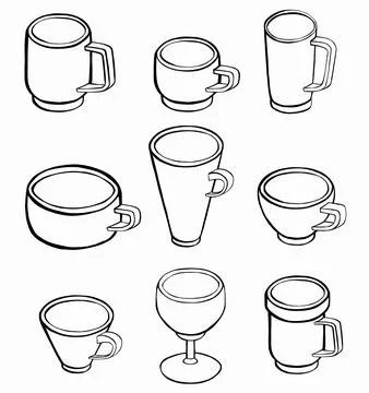 Set of various cups with tea or coffee. Side view. Different ornaments. Stock Illustration