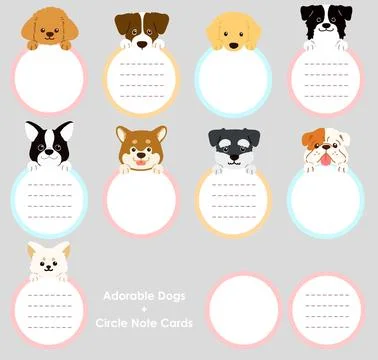 Set of various cute dog faces with paws holding a circle note card Stock Illustration