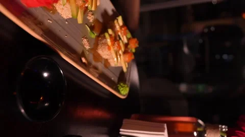 Set of various delicious appetizing sushi rolls on table with cocktail, Stock Footage 269561918