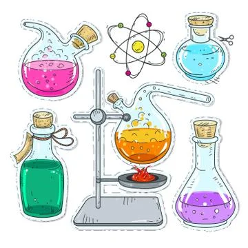 Set of various devices for chemical experiments, multicolored jars and flasks Stock Illustration