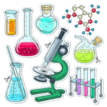 Set of various devices for chemical experiments, microscope, flasks, test tub Stock Illustration