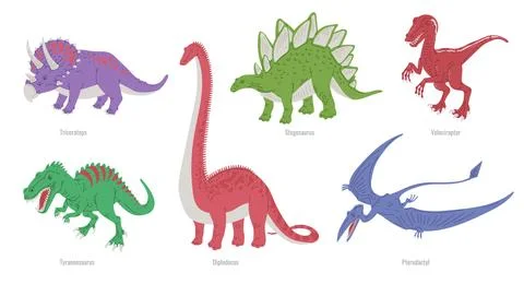 Set of various dinosaurs with names - flat vector illustration isolated on white Stock Illustration